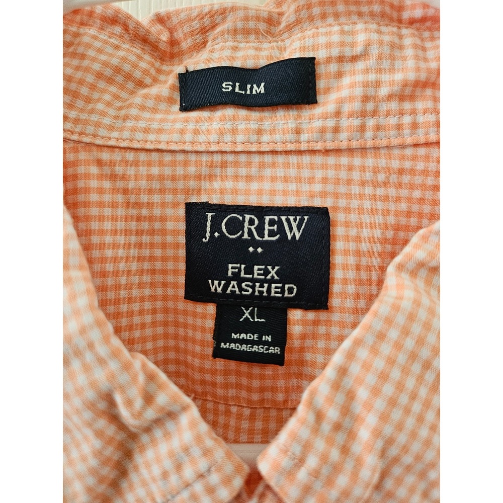 J.CREW Shirt Mens Coral Check‎ 100% Cotton Seersucker Slim Fit Casual Size XL